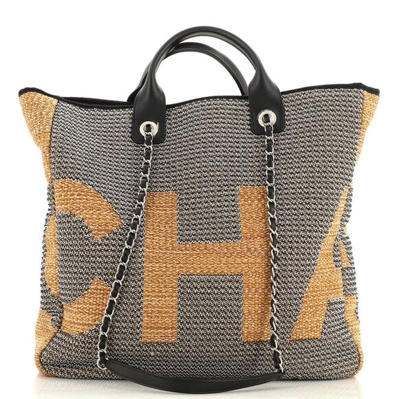Chanel Handbags - Chanel Deauville Logo Shopping Tote Printed Raffia Large Black, Neutral